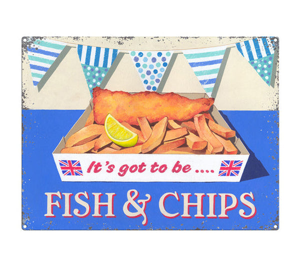 An image of British Fish & Chips Small Metal Sign with Cod & Chips on the front and Union Jack flags.