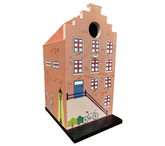 An image of a dutch style birdhouse perfect for your garden with a stepped roof and bike picture on the front.