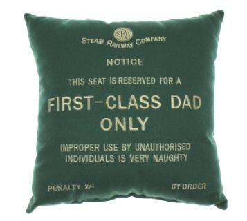 An image of a green square cushion embroidered with First Class Dad Only, perfect for steam train loving dad.