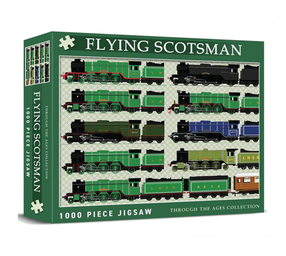 An image of a flying scotsman jigsaw puzzle featuring 9 trains throughout the history of the iconic steam train.