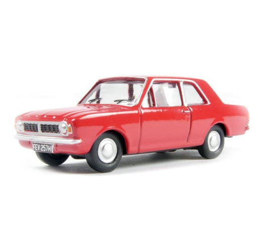 An image of an oxford diecast Ford Cortina mark 2 in a bold red colour.