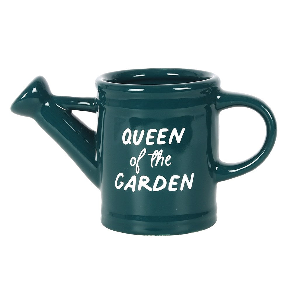 A dark green watering can gardening gift mug for women with a vintage font saying 'Queen of the Garden' on the front.