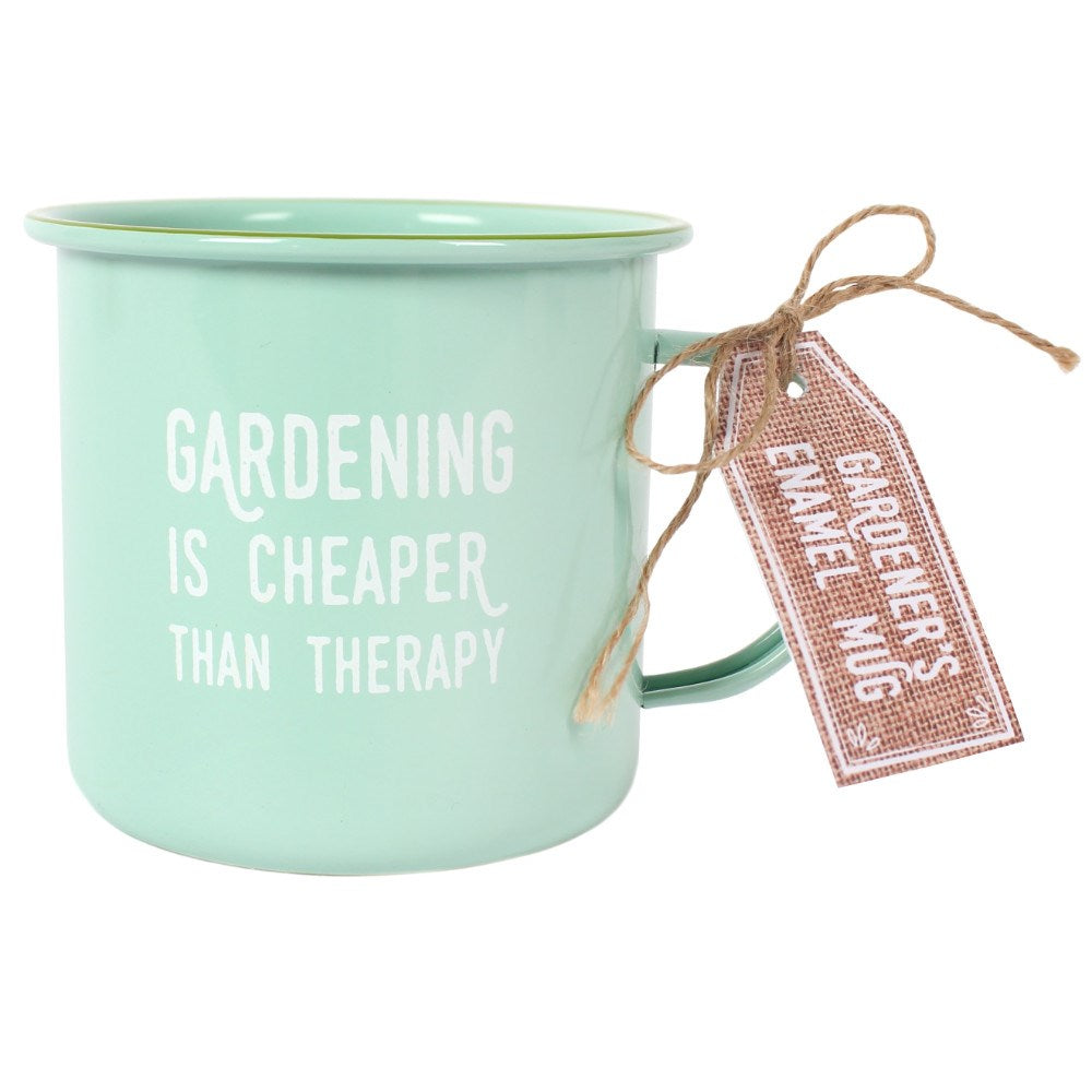 A fun birthday gift mug for gardeners, in a mint green enamel with text on the front saying 'Gardening is Cheaper than Therapy'.