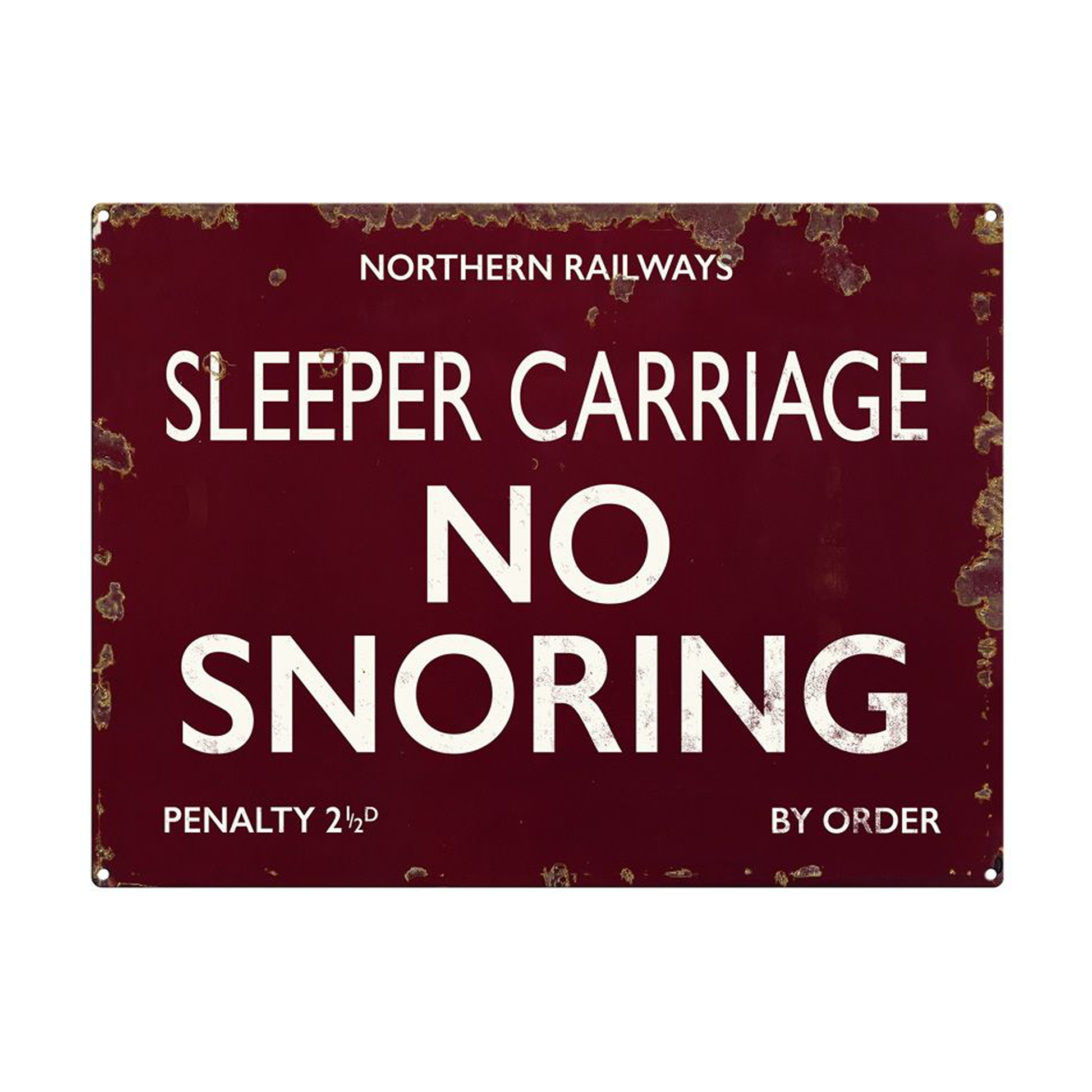 A red Vintage style reproduction of a Sleeper Carriage No Snoring metal sign wall art.