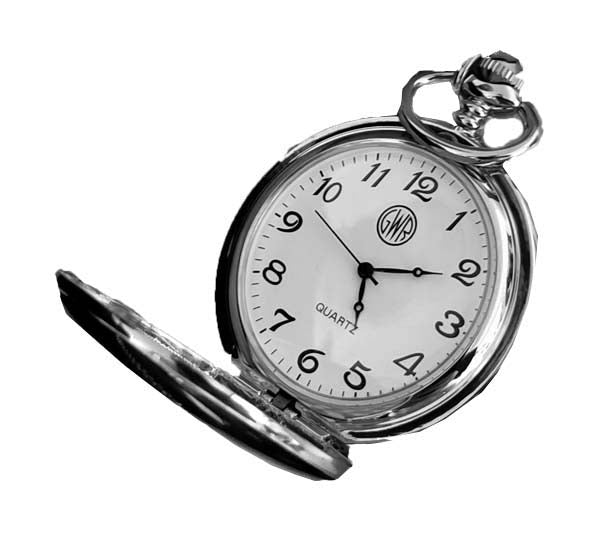 GWR Railway Silver Tone Pocket Watch with Chain in Gift Box