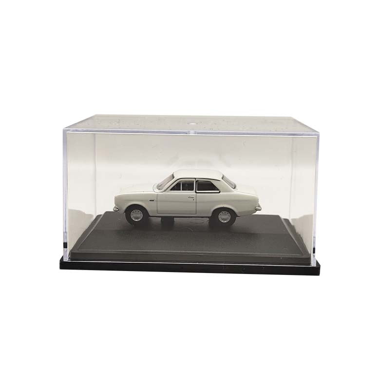 An oxford diecast miniature car of the popular Ford Escort Mk1 in a creamy ermine white.