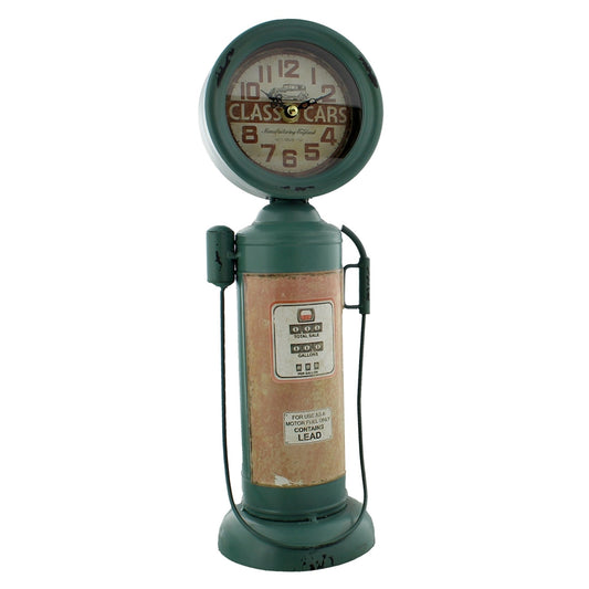 An image of a retro style desk clock in the shape of a retro gas pump in green.