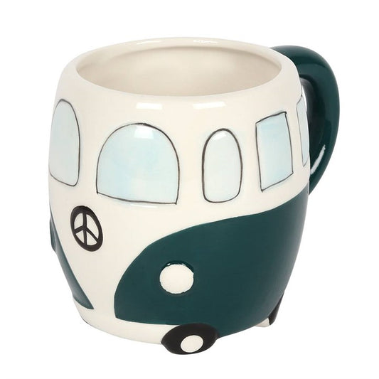 A cool retro campervan mug in the style of the 1960s with a peace logo on the front and a dark green / cream exterior.