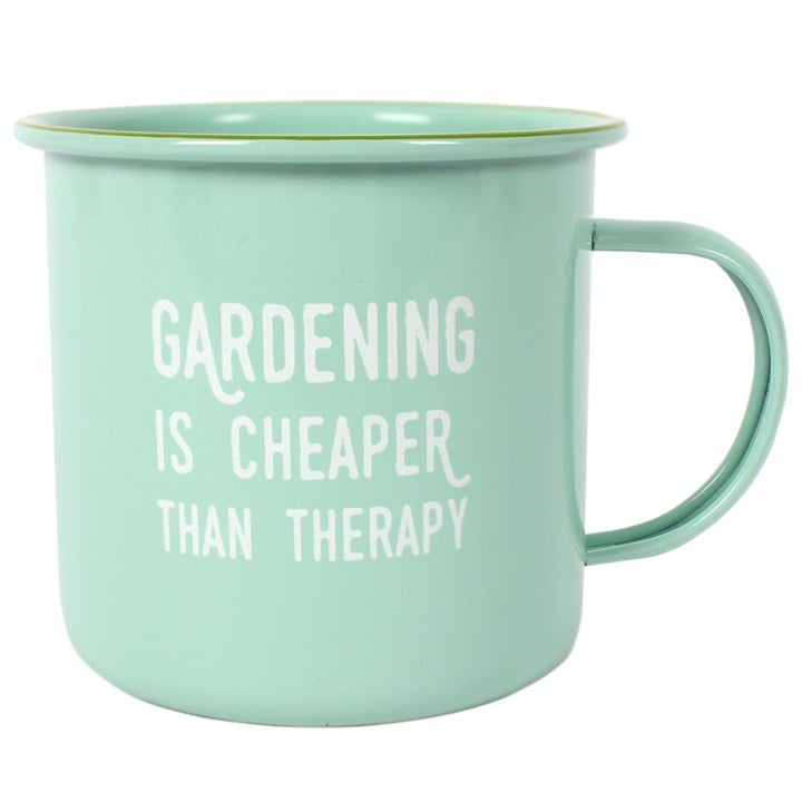 An image of a mug which would make a perfect birthday gift for men gardeners. It is made from a green enamel with a low profile and twine label.