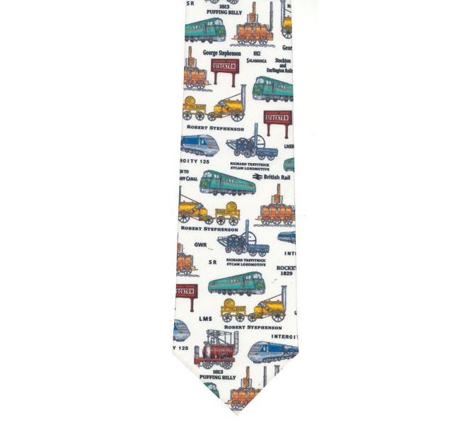 A mens neck tie featuring images of train history through the ages, perfect for a birthday or retirement gift.