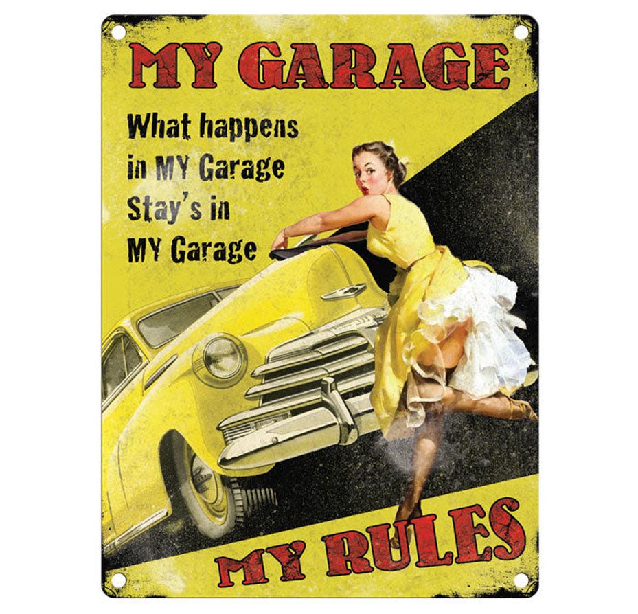 Large 'My Garage, My Rules' Vintage Metal Sign - 15" x 12"