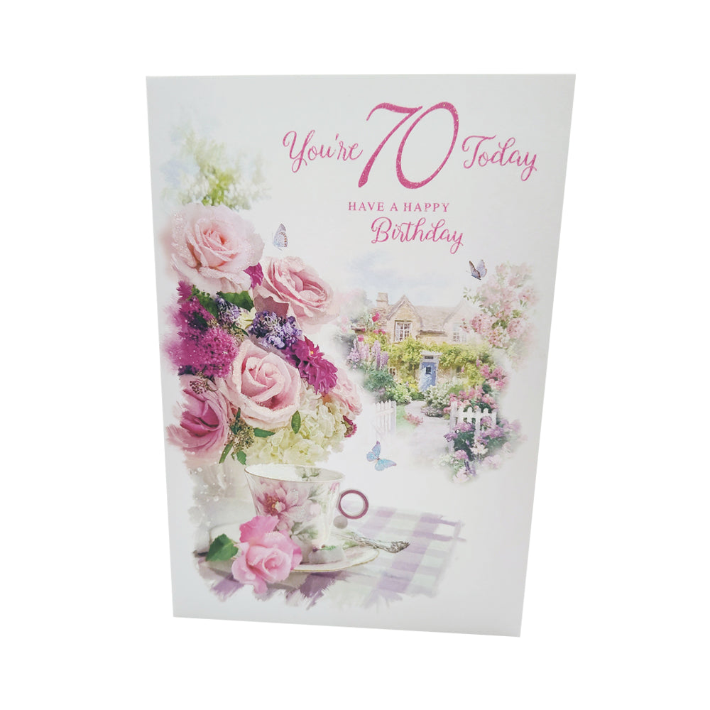 70th Birthday Card - Teacup & Flowers