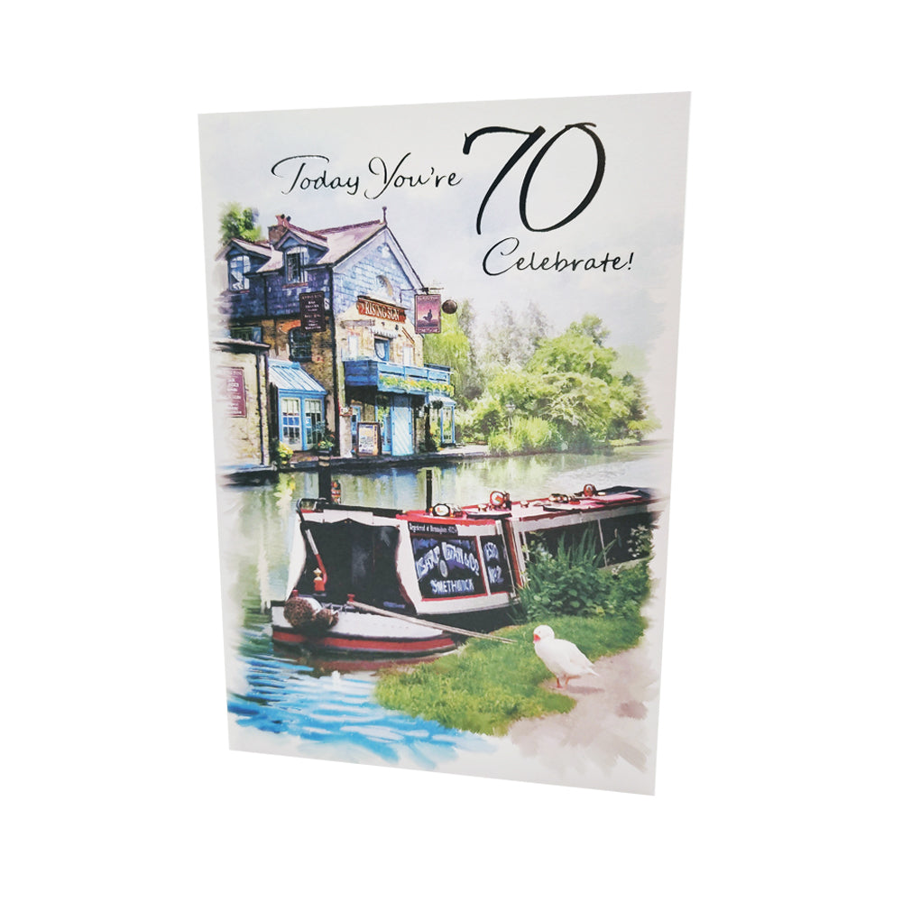 70th Birthday Card for Men - Traditional Canal Boat