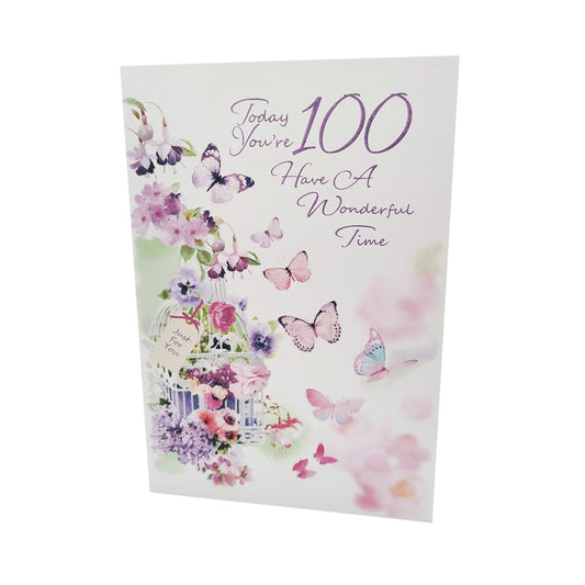 100th Birthday Card for Her - 'Butterfly & Birdcage'