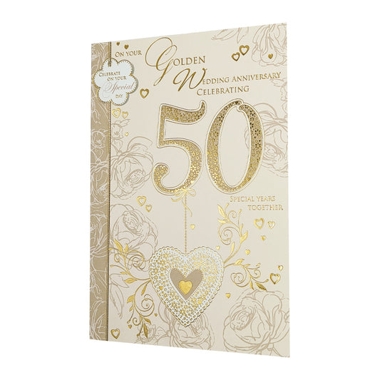 50 Years Golden Wedding Anniversary Card - 'Metallic Gold Heart'