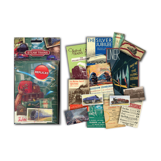 An image of a vintage time capsule featuring reproduction railway ephemera from the 20th century.