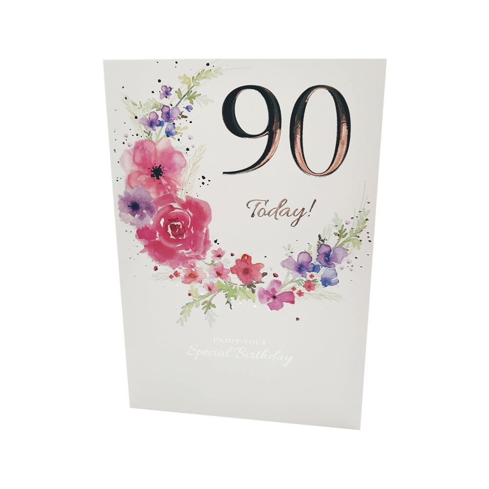 90th Birthday Card for Her - 'Contemporary Watercolour Wreath'