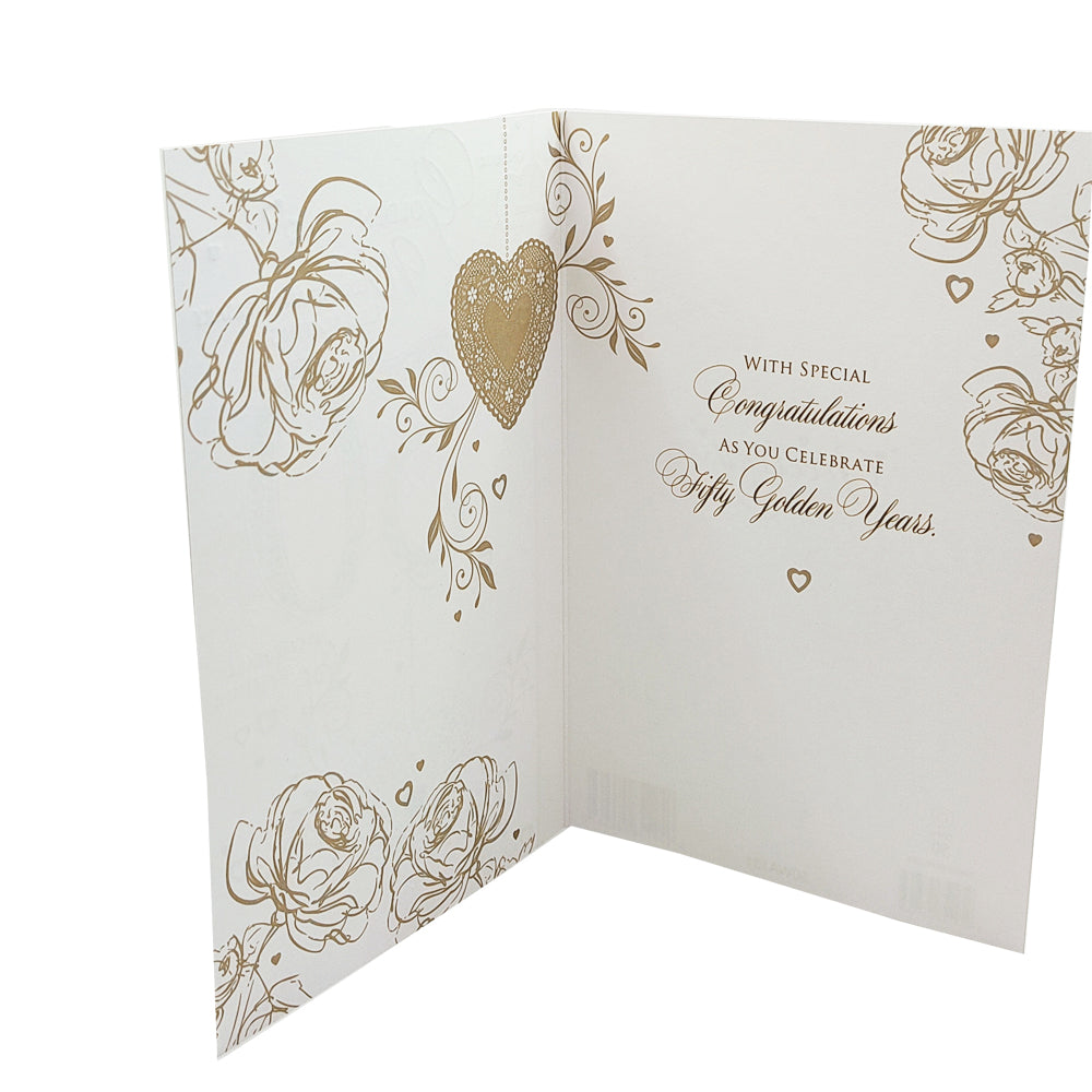 50 Years Golden Wedding Anniversary Card - 'Metallic Gold Heart'