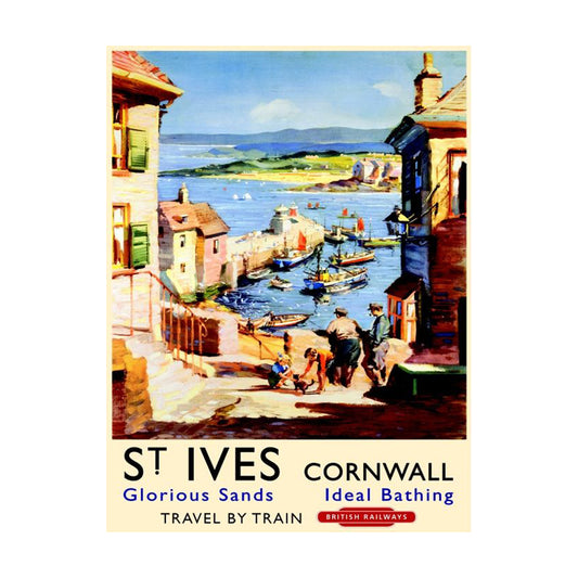 A mini metal sign featuring a railway poster of St Ives Cornwall.