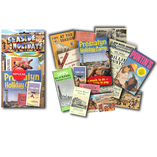 An image of a vintage reproduction time capsule pack featuring British seaside holiday leaflets and ephemera.